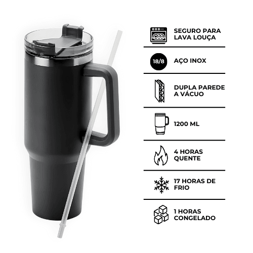 Copo Térmico Grande 1200ML Com Canudo Cor preto